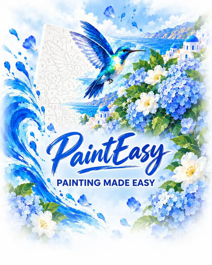 PaintEasy logo surrounded by a blue hummingbird, hydrangeas, and ocean waves
