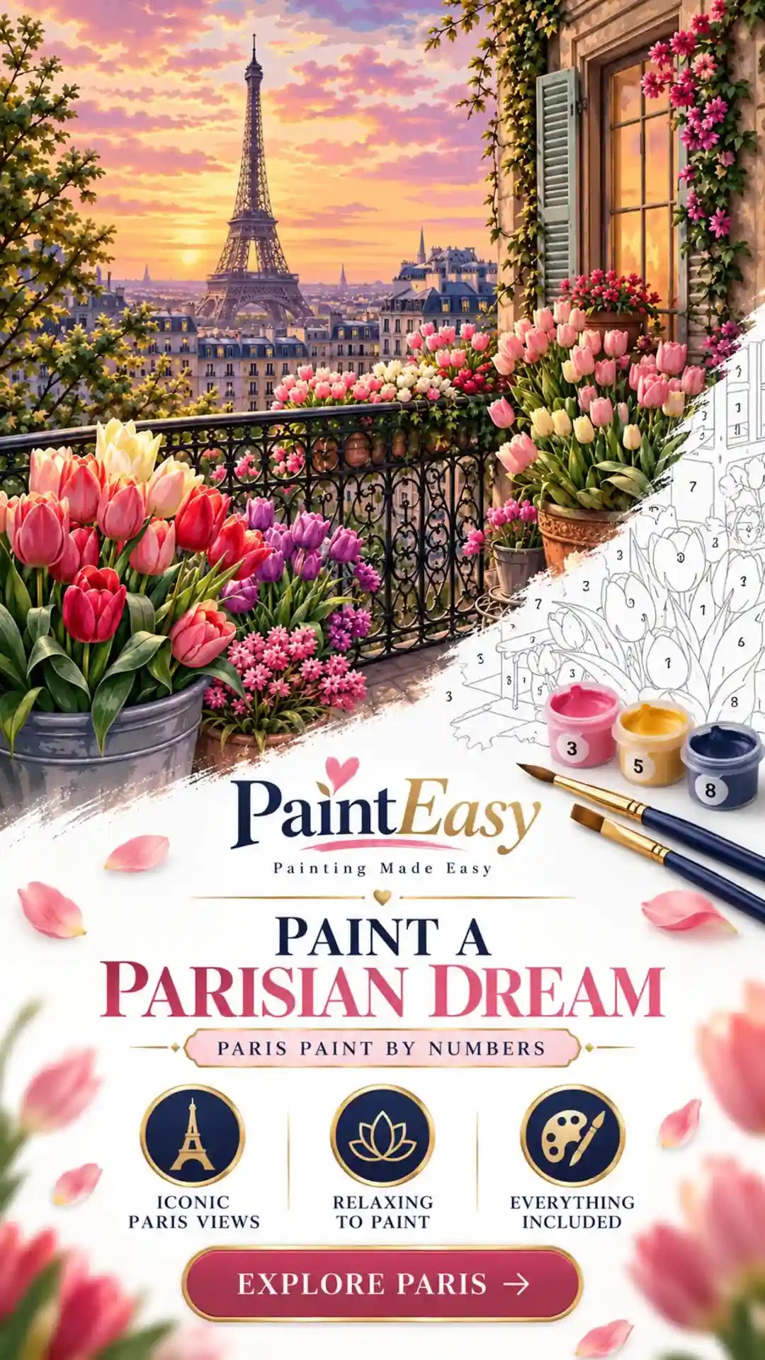 Paris balcony garden with Eiffel Tower paint-by-numbers kit