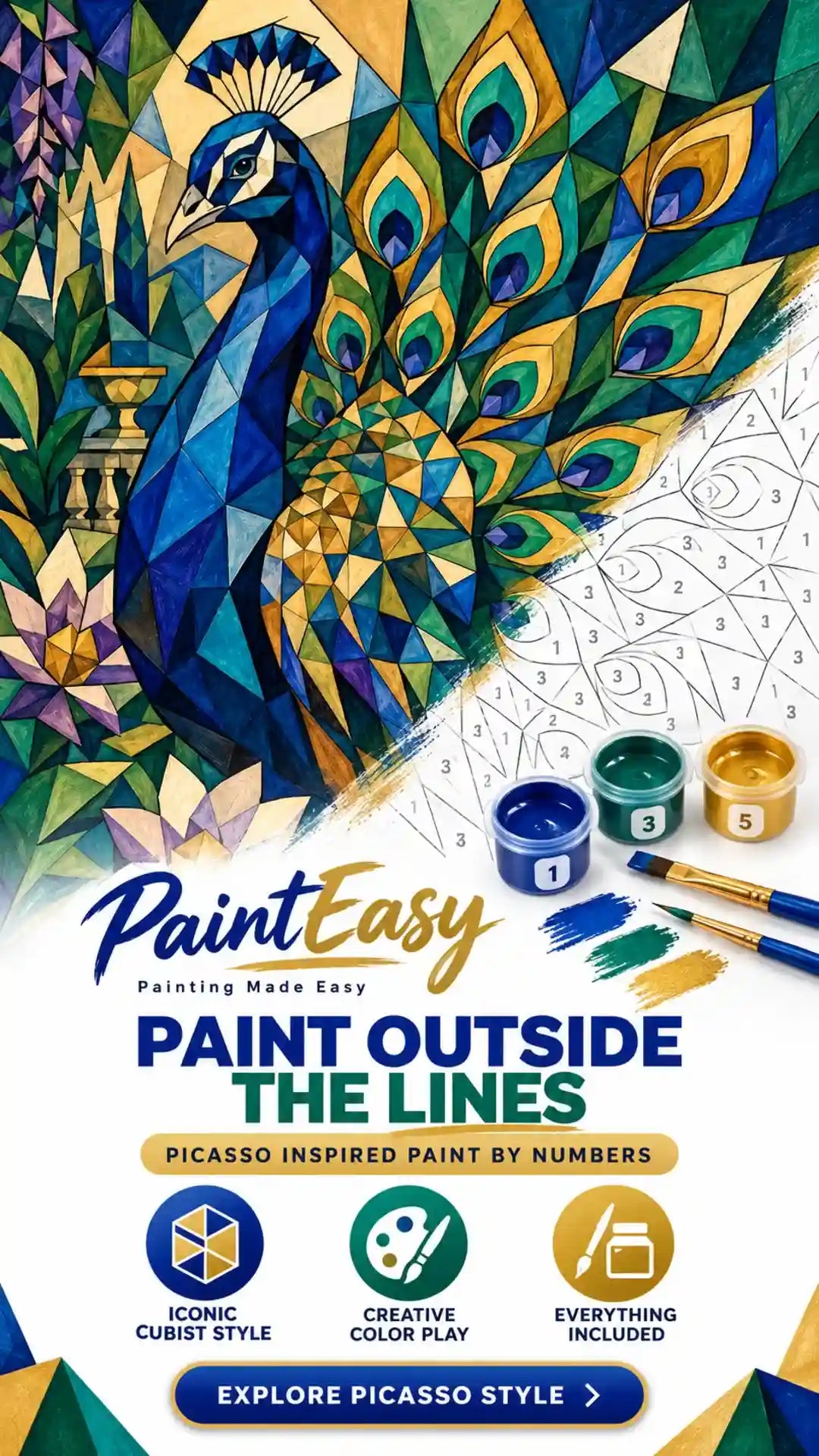 Picasso-inspired geometric peacock paint-by-numbers kit