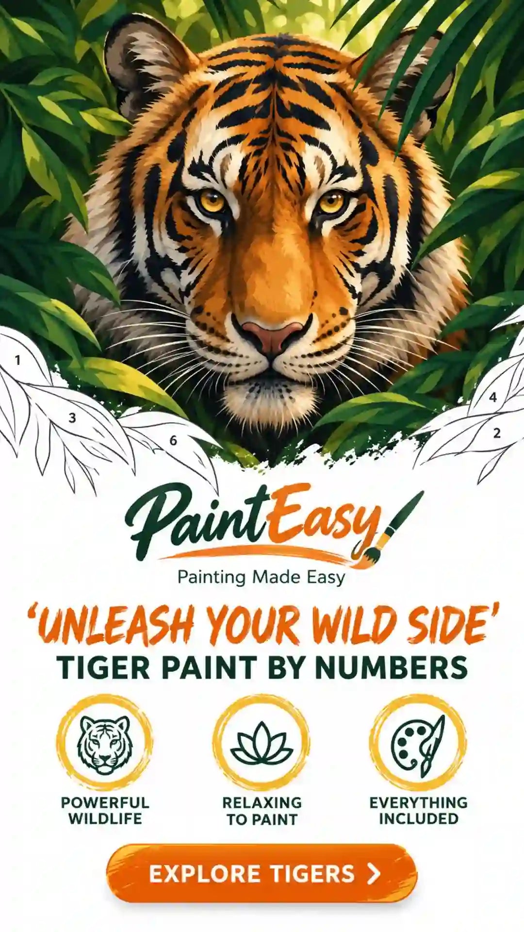 Tiger emerging from tropical foliage paint-by-numbers kit