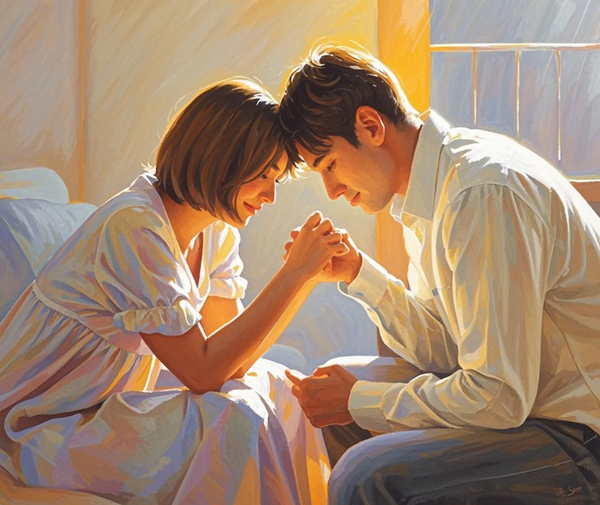 Paint by Numbers：Promise Under Warm Sunlight Tenderness at the Fingertips, a Young Couple Holding Hands and Touching Foreheads Under the Warm Sunlight, Enjoying the Peace and Love Betw