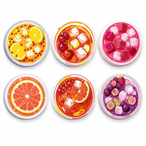 Colorful Fruit Ice Drinks Portable Mini Paint by Numbers Set (6 in) For Beginners featuring six citrus, cherry, grapefruit and berry drinks with ice cubes