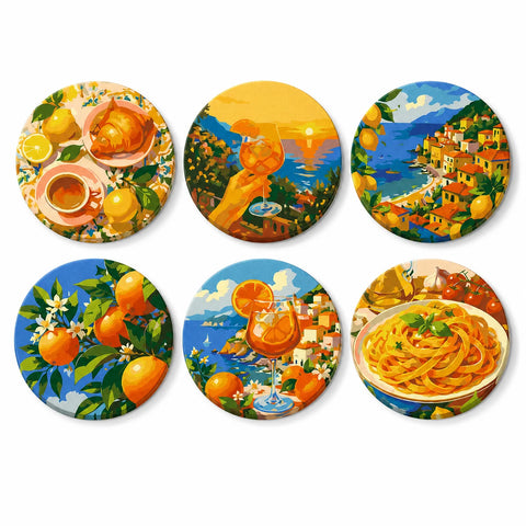 Mediterranean Citrus Coast Portable Mini Paint by Numbers Set (6 in) For Beginners featuring oranges, citrus drinks, coastal villages, seaside views and pasta