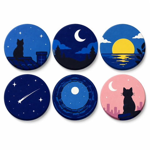 Moonlit Cats and Starry Skies Portable Mini Paint by Numbers Set (6 in) For Kids featuring black cats, crescent moon, full moon, sunset and shooting star scenes