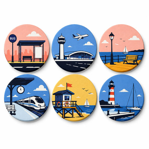 Mini Paint by Numbers Set For Kids featuring 6 travel scenes with airplane, bus, train, sailboat, lighthouse and seaside transportation artwork