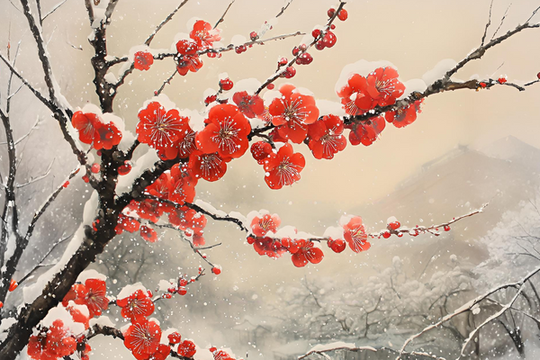 Paint by Numbers：Red Makeup in Snow Beauty of Red Plum Blossoms Set Off by White Snow Painting Kit