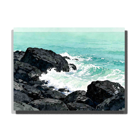 Ocean Landscape Paint by Numbers For Adults featuring turquoise waves crashing against large black coastal rocks with white sea foam and open aqua horizon
