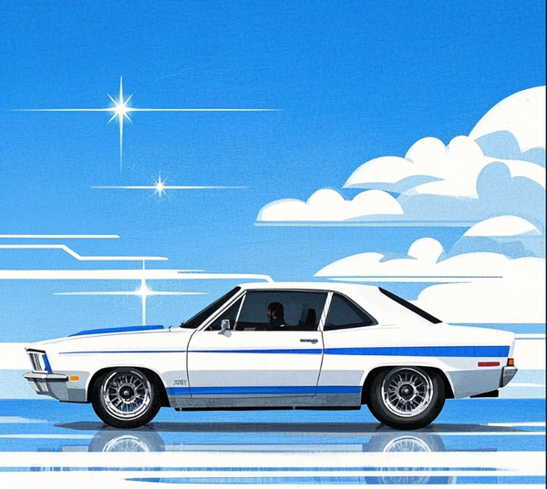 Paint by Numbers：Retro Speedster Blue and White Classic, a Sleek Retro White Car Speeding Under Blue Skies and White Clouds, Timeless Classic DIY Paint by Numbers Kit