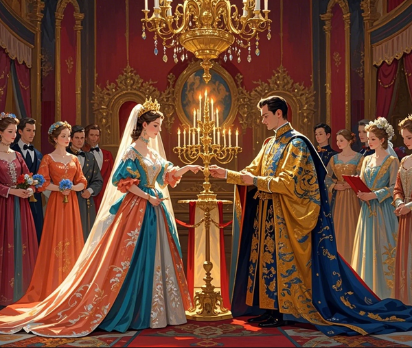 Paint by Numbers：Royal Love A Prince and Princess in Splendid Attire, Receiving Blessings During a Solemn Ceremony in a Grand Setting Painting Kit