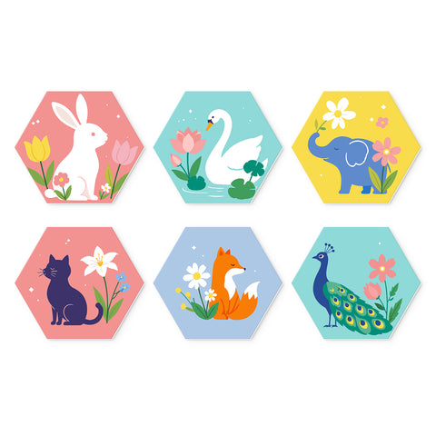 Portable Mini Paint by Numbers Set (6 in) For Kids with rabbit, swan, elephant, cat, fox, peacock and flower animal designs