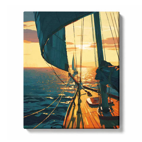 Sailboat Deck with Dark Canvas Sail at Golden Sunset Paint by Numbers Kit for Adults