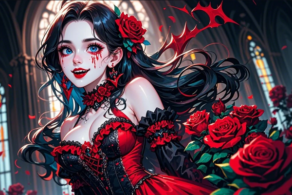Paint by Numbers：Scarlet Kiss A Captivating Vampire Girl with Deep Eyes, Wearing a Dark Red Dress, Set Within Gothic Architecture Painting Kit