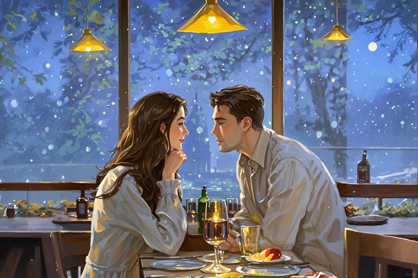Paint by Numbers：Snowy Night Affection Gazing by the Window, a Couple Looking Affectionately at Each Other by a Warm Restaurant Window on a Snowy Night, Romantic and Cozy DIY Paint by