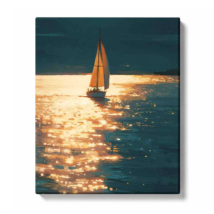 Lone Sailboat crossing a Golden Sunset Water Path Paint by Numbers Kit for Adults