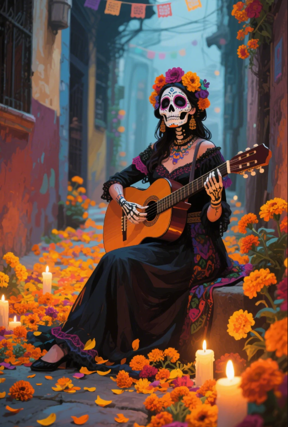 Paint by Numbers：Soulful Notes Sugar Skull Lady Playing a Melody of Remembrance Among Blooming Flowers Painting Kit