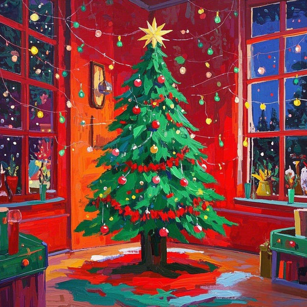 Paint by Numbers：Sparkling Christmas Holiday Radiance, a Newly Decorated Christmas Tree Shining with Festive Joy DIY Paint by Numbers Kit