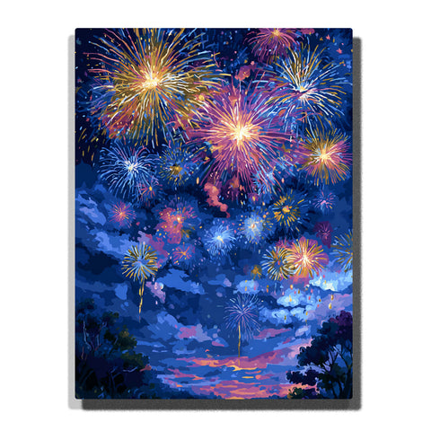 Paint by Numbers Kit – Soft Fireworks Blooming Across a Deep Blue Night Sky Above Quiet Horizon and Gentle Clouds – PaintEasy