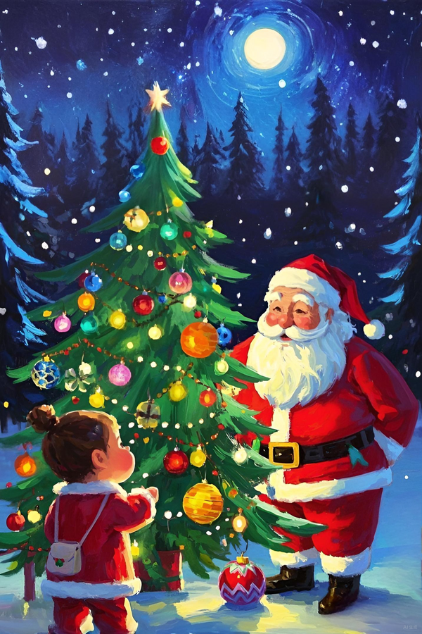 Paint by Numbers：Starry Night Decorating The Magic of the Christmas Tree, Santa Claus and a Little Girl Decorating a Sparkling Christmas Tree Under the Moonlight DIY Paint by Numbers Kit