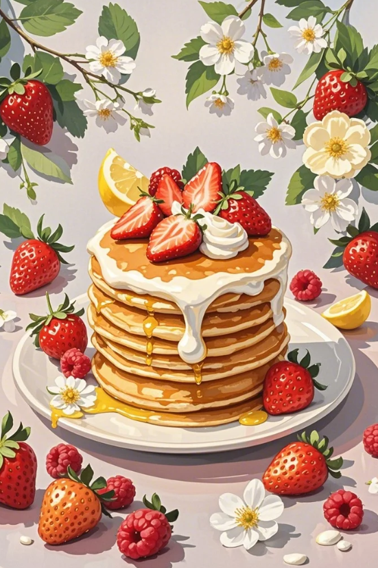 Paint by Numbers：Strawberry Pancake Tower Stacked Deliciousness and Freshness DIY Paint by Numbers Kit