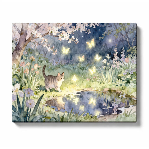 Moonlit Garden Pond with Cat and Glowing Butterflies Paint by Numbers Kit For Adults