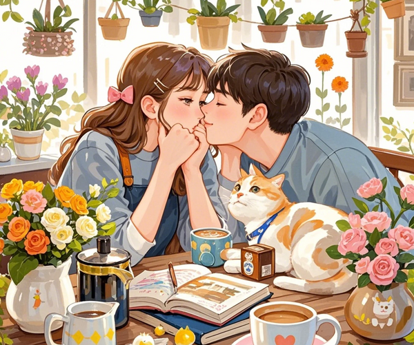 Paint by Numbers：Sunlight, Coffee, and Love Lovers and a Cat Enjoying Simple and Beautiful Happiness in a Café Filled with Greenery