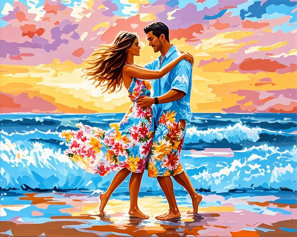 Paint by Numbers：Sunset Serenade by the Sea A Couple Dancing Affectionately Along the Beach in the Magnificent Glow of Sunset, with the Waves Providing a Melody for Their Steps Paintin