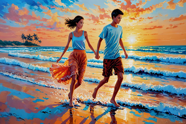Paint by Numbers：Sunset Serenade by the Sea A Couple Walking Affectionately Along the Beach in the Magnificent Glow of Sunset, The Sea Breeze Witnessing Their Love Painting Kit
