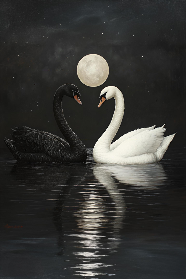 Paint by Numbers：Swan Lake by Moonlight Harmony of Black and White, a Pair of Elegant Swans Reflecting Each Other Under the Bright Moonlight, Tranquil and Beautiful DIY Paint by Number