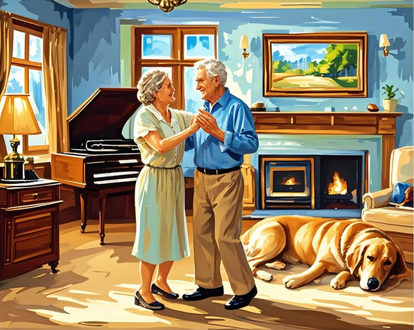 Paint by Numbers：Twilight Dance Melody of Enduring Love, an Elegant Elderly Couple Dancing Warmly at Home, Love Flowing in Their Eyes, with a Loyal Dog Quietly Keeping Them Company DI