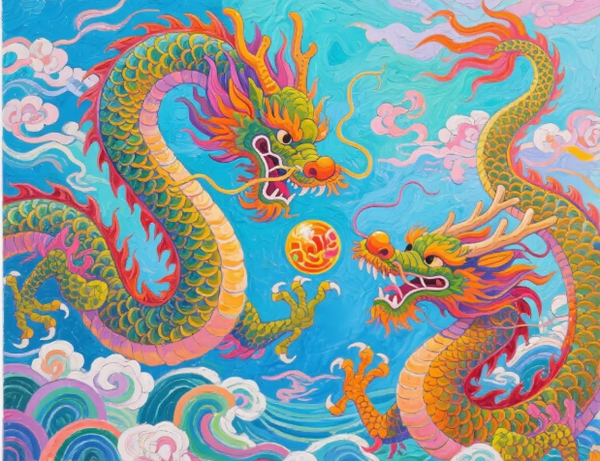 Paint by Numbers：Twin Dragons Play Pearl Auspicious Scene of Two Dragons Playing with a Sacred Pearl DIY Paint by Numbers Kit