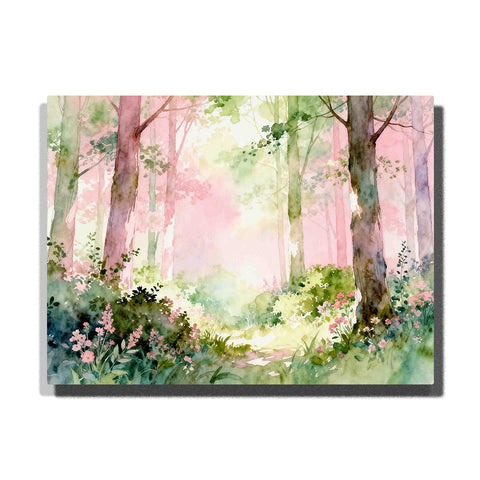 Dreamy Forest Landscape Paint by Numbers For Adults featuring pink woodland path, tall pastel trees, delicate wildflowers, soft green foliage and glowing sunlight