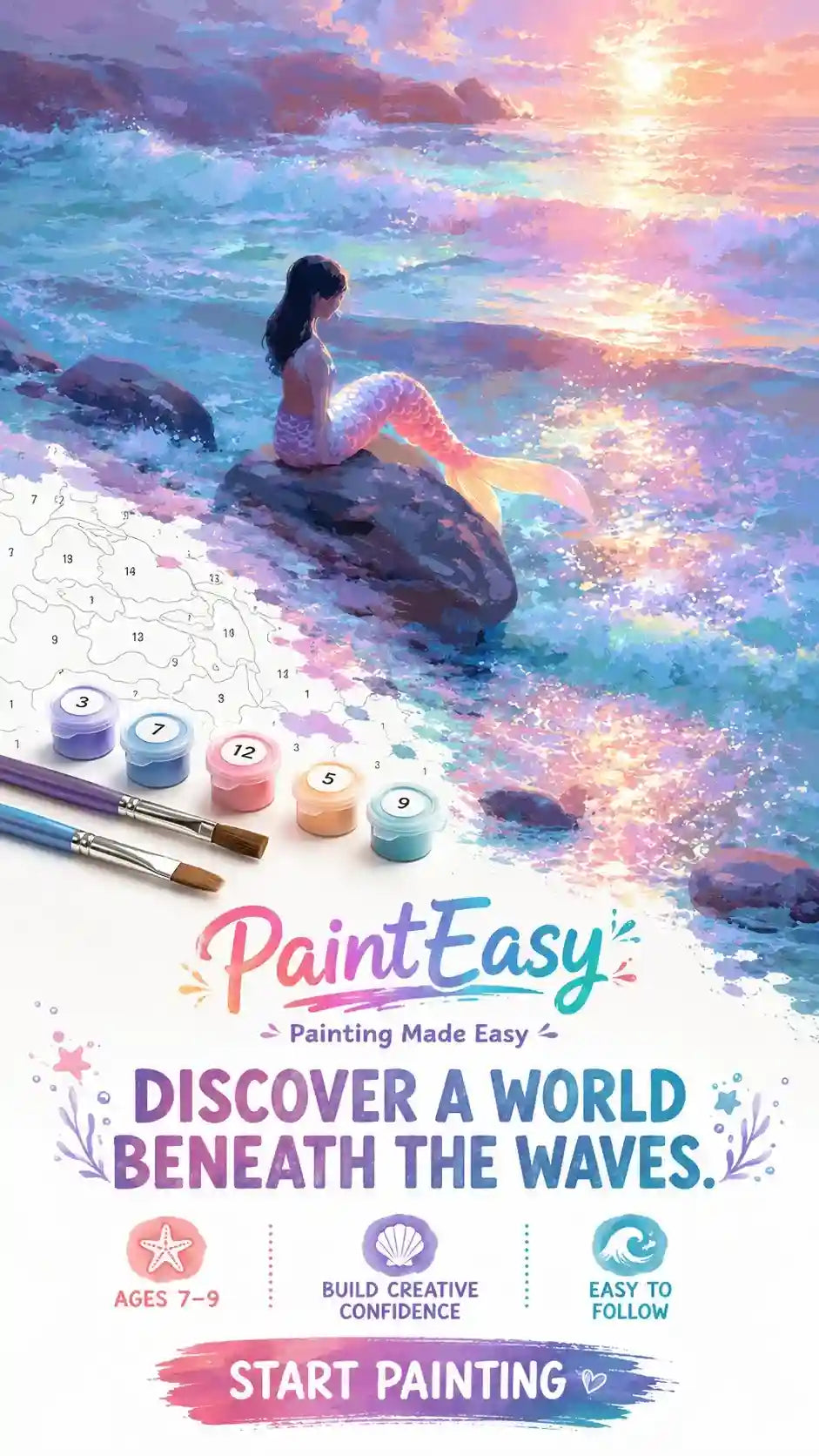 Child exploring beneath colorful ocean waves paint-by-numbers kit for ages 7 to 9