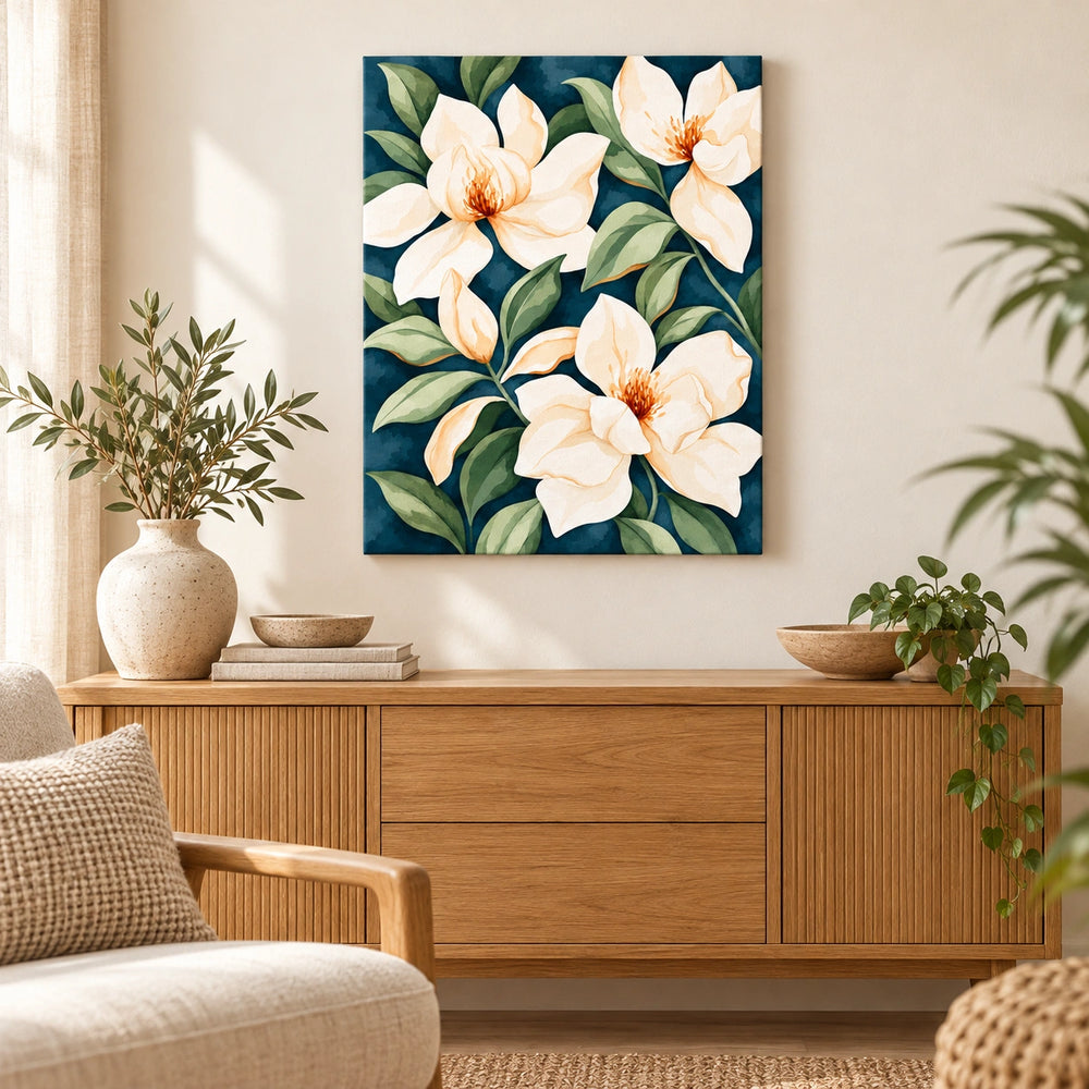 Cream Magnolia on Deep Teal