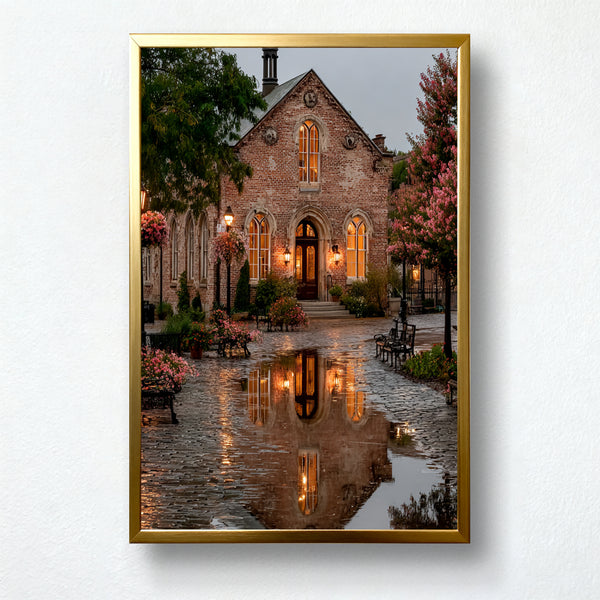 Rainlit Chapel Paint by Numbers – Historic Brick Church Reflection Scene | PaintEasy