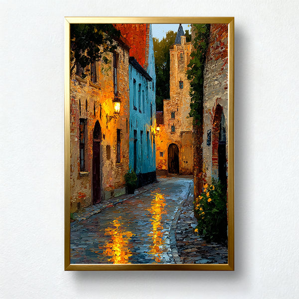 Lantern Alley After Rain Paint by Numbers – European Old Town Street with Golden Reflections | PaintEasy