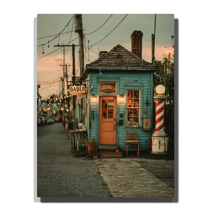 Small vintage barber shop with warm lit windows, faded blue green siding, striped barber pole, and quiet evening street, city paint by numbers wall art by PaintEasy