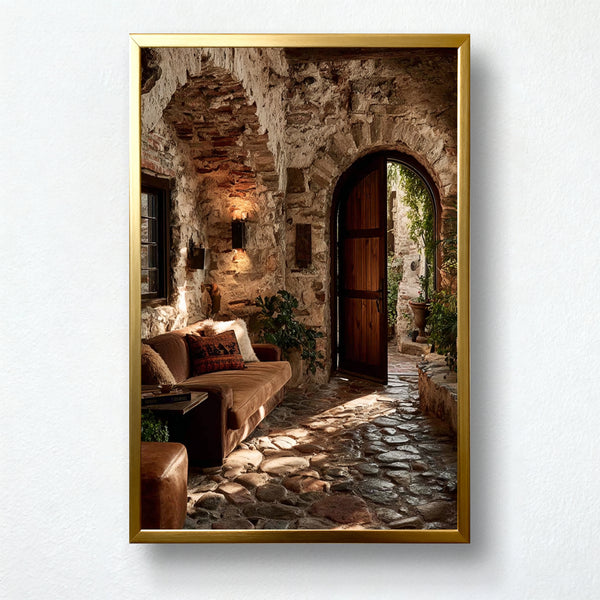 Courtyard of Quiet Light Paint by Numbers – Rustic Stone Interior & Arched Doorway | PaintEasy