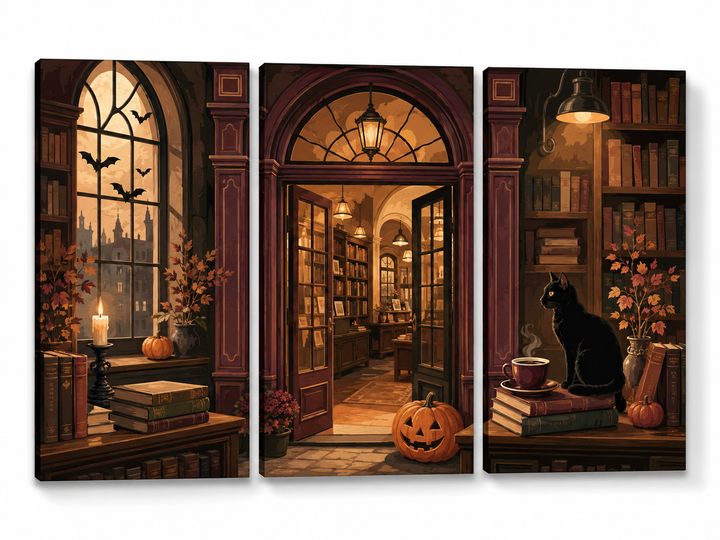 Three-panel amber library painting with a black cat and a jack-o-lantern doorway