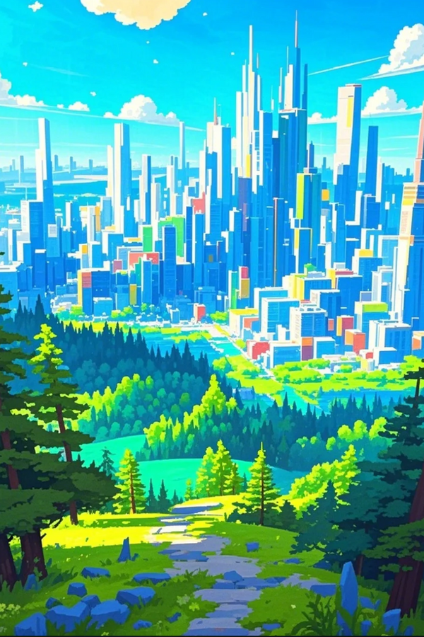 Paint by Numbers：Future Eden: Harmonious Reverie of City and Nature, Strolling on a Green Path Leading to a Future Metropolis, Feel the Perfect Fusion of Technology and Nature DIY