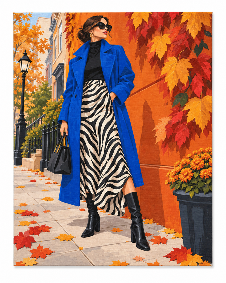 Cobalt Coat and Zebra Skirt City Walk - upright painted canvas on white background