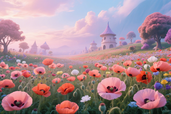 Paint by Numbers：Dream of the Corn Poppy: The Fairy Tale Kingdom of a Brilliant Flower Sea, Strolling Through a Field Blooming with Light and Airy Corn Poppies, Overlooking a Dreamlike Fairy Tale Castle DIY