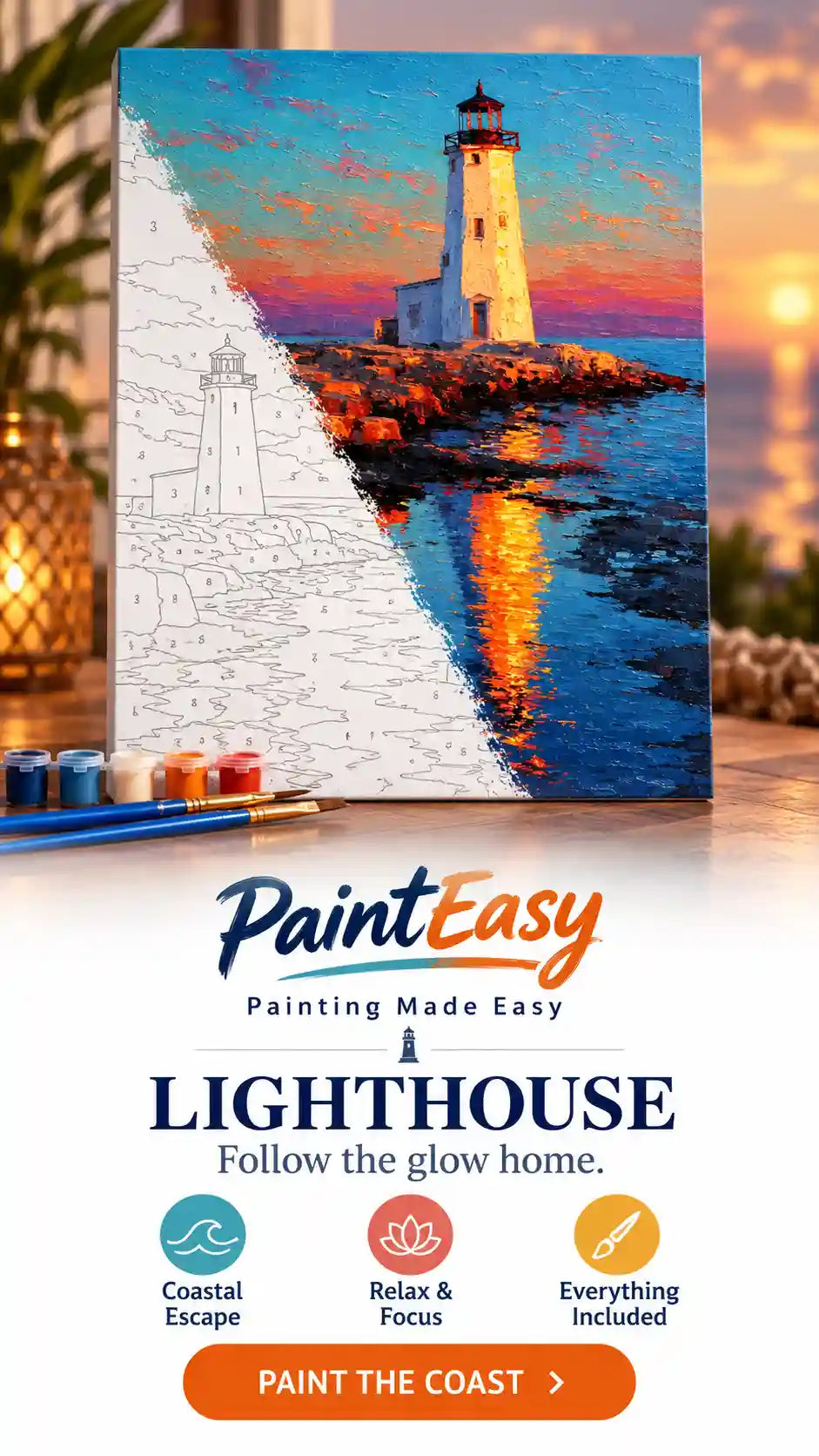 Lighthouse reflected in calm water paint-by-numbers kit
