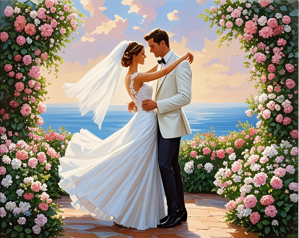 Paint by Numbers：Vows by the Sea Eternal Love, Embraced by Flowers, the Bride and Groom Hold Each Other Tenderly, Witnessing Eternal Vows of Love DIY