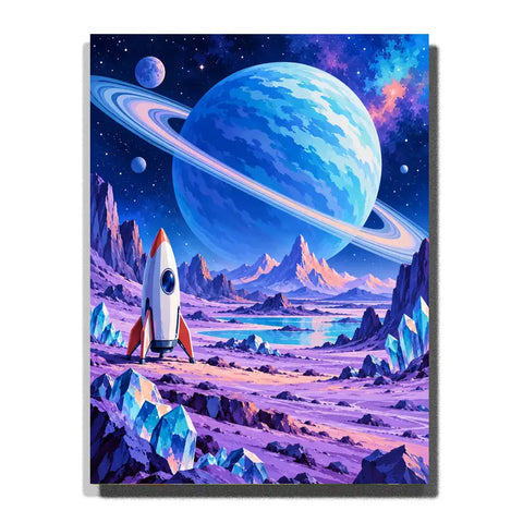 White rocket beneath a blue ringed planet on a purple crystal landscape