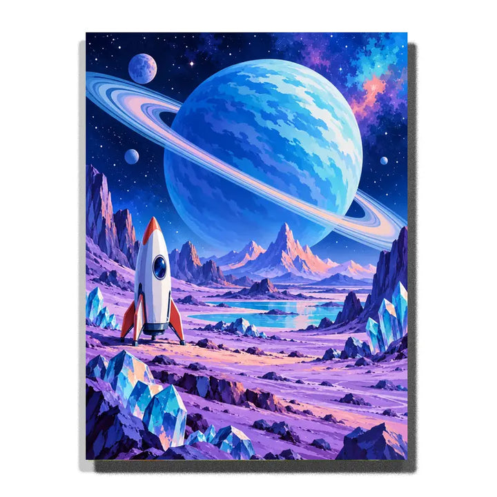 White rocket beneath a blue ringed planet on a purple crystal landscape