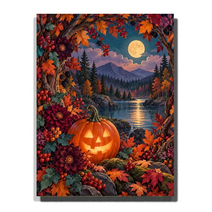 Glowing Pumpkin beside a Woodland Pond white 3D canvas mockup, 40×50 cm adult painting kit