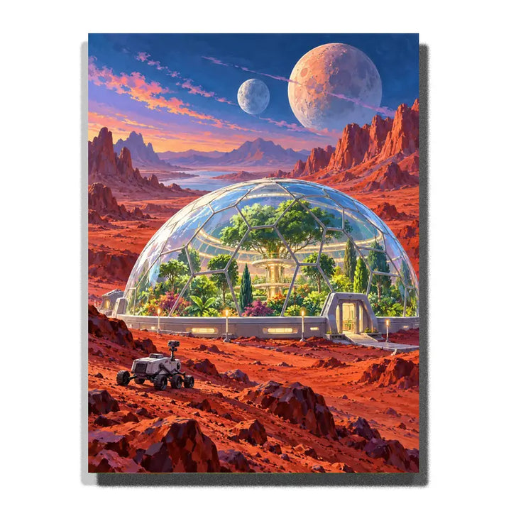 Greenhouse Habitat beneath Twin Moons white 3D canvas mockup, 40×50 cm adult painting kit