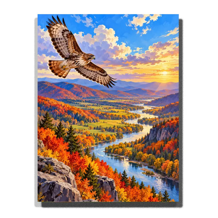 Hawk Soaring above an Autumn Valley - finished paint by numbers canvas on a white background