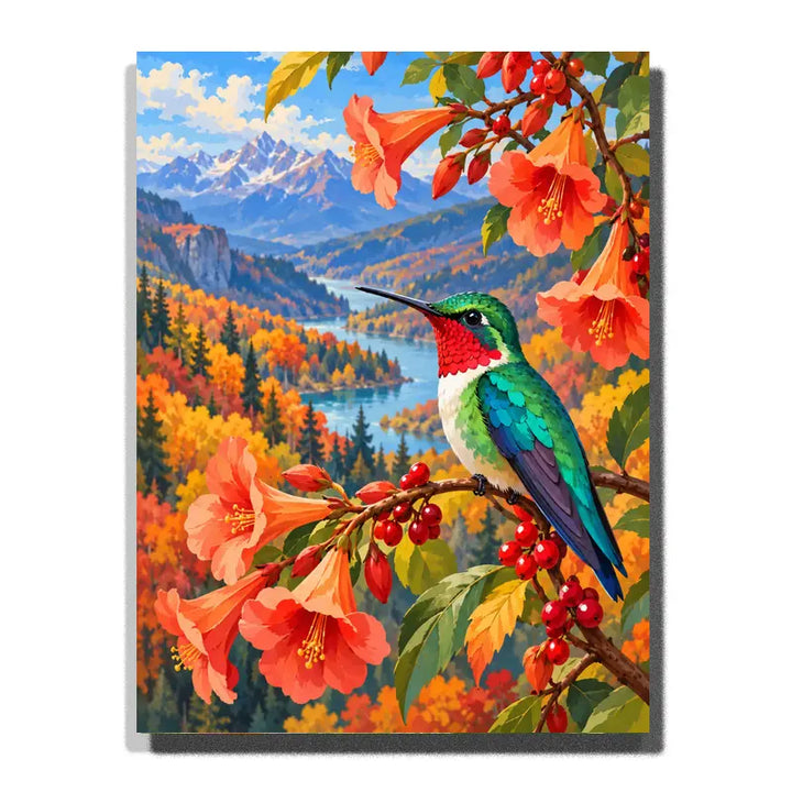 Hummingbird Resting among Coral Flowers white 3D canvas mockup, 40×50 cm adult painting kit
