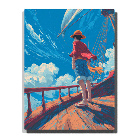 Monkey D. Luffy from One Piece standing on a sunny wooden ship deck with straw hat, sail, rigging, blue sky, and white clouds, anime Paint by Numbers wall art.